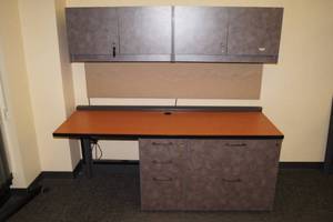 lot 8 image: National Office Furniture Waveworks Series Desk with Wall Mount Overhead Cabinet