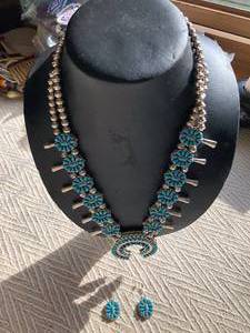 Reversible Turquoise  Red Stone in Silver Necklace and Earring Set
