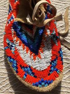 Womans Tan Hide Hand Beaded OrangeBlue Moccasins
