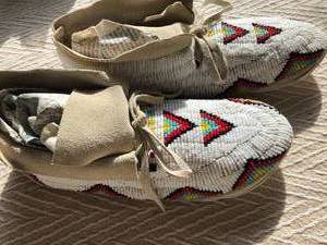 Womans White Hide with BlackRedYellow  Hand Beaded Moccasins