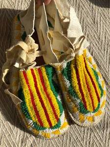 Mens White Hide  GreenYellow Hand Beaded Moccasins