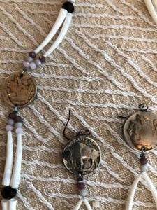 Shell, Bead and Buffalo Coin Necklace and Earring Set