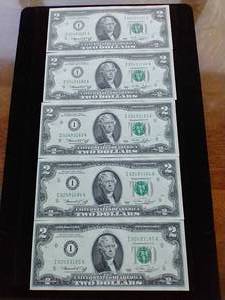 5 Sequential Uncirculated 1976 $2 Bills