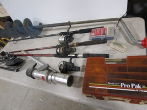 lot 438 image: Fishing rods & reels, ice auger, ta...
