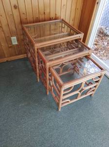 lot 150 image: Three Rattan Nesting Tables with Glass Tops