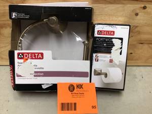 Delta Cassidy Open Towel Ring in Champagne Bronze &amp  Portwood Pivoting Toilet Paper Holder in SpotShield Brushed Nickel Customer Returns See Pictures