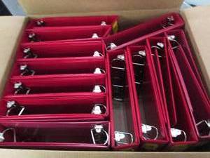 box of red 1.5 inch 3 ring binders...