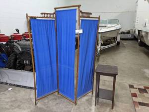 Blue 3-Curtain Vintage Folding Room Divider and side Display Table