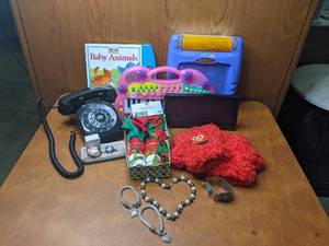 Toys and More- Baby Animals Play-A-Sound- Press The Page Rotary Phone Elmo Paws Avon Little Blossom Perfume Pin Toy Piano Wallet Assorted Jewelry Christmas Napkin Ring
