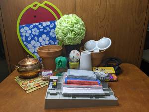 Battery Rack and Planters and Kitchen Supplies