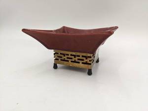 Red Ceramic Bowl with Brass Base