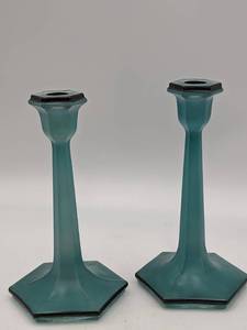 Elegant Vintage Sea-Foam Green Sandblasted Glass Candlesticks