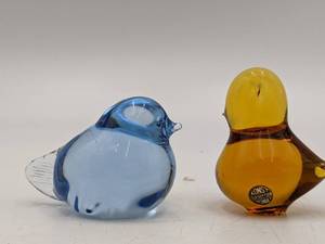 Vintage Swedish Konstglas Blue and Amber Hand-Blown Glass Birds