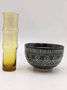 Vintage Bamboo Shaped Glass Vase and Japanese Ceramic Bowl