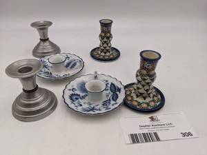 2 Rare Ceramika Artystyczna Polish Candlesticks, Pewter Candlesticks, Blue Onion Porcelain Candlesticks