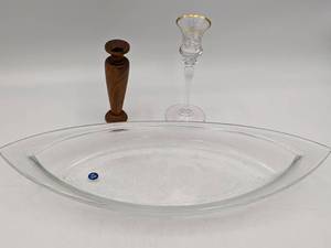 Lovely Vintage Crystal and Wood Collection-Cristalleria Europa Bowl Wooden Candlestick Etched Crystal and Gold Leaf Candlestick