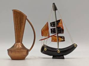 Viking Collectibles-Vintage Buffalo Bone Model Ship & Gregorian Copper Pitcher