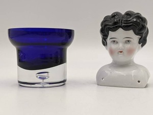 Vintage Hand Blown Glass Cobalt Blue GlassVase & Porcelain Doll Head