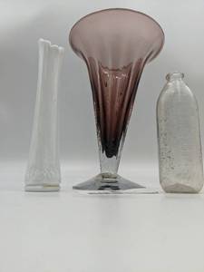 Vintage Milk Glass Bud Vase, Purple and Clear Vase, Clear Medicine Bottle