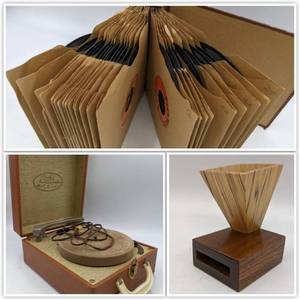 Home Stereo Collection- Vintage Symphonie Suitcase Record Player &Wooden Cell Phone Amplifier, Vintage 45 Records Set