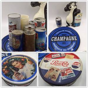Vintage Beer and Soda Collectibles-Hamms Beer Sign, Vintage Beer Cans, Brut Sec Champagne Platter, and Pepsi & Coca Cola