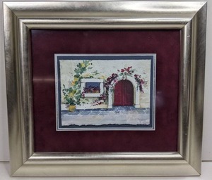 Vintage Custom Framed The Red Door Watercolor Painting and Framed Cubist Relief
