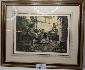 Vintage Custom Framed Courtyard Lithograph with Aquatint - Signed by Artist