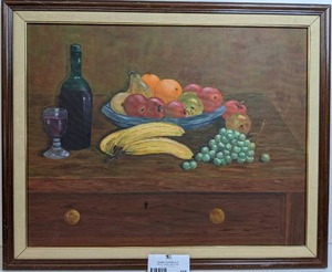 Beautiful Still Life Painting of Fruit and Wine on Dresser