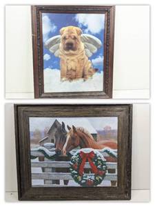 Vintage Custom Framed Horse and Dog Paintings