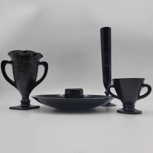 Vintage 4 Piece Black Depression Glass Collection-LE Smith Black Amethyst Glass Urn,Bud Vase with Cut Leaves, Hors dOeuvres Platter Urn Cup