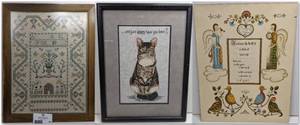 2 Framed Vintage 1950s Needlepoint Sampler Pieces and Vintage Birth Acclaim
