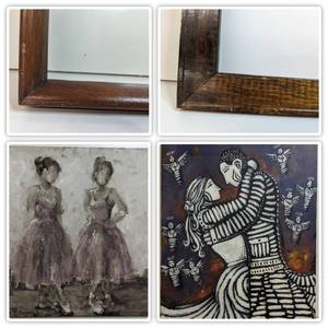2 Original Hand Painted Non-Framed Canvas Painting and 2 Vintage Glass Frames