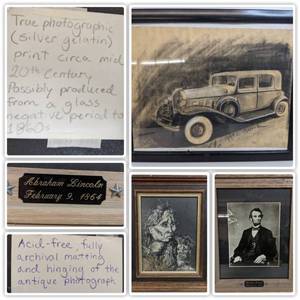 Framed 20th Century Photographic Print of Abraham Lincoln, Pencil etch of 1932 buick, and Original Portrait Mixed Media Drawing