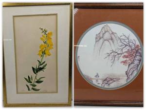 Gold Framed Floral Relief and Vintage Japanese Litho 22x22 Print