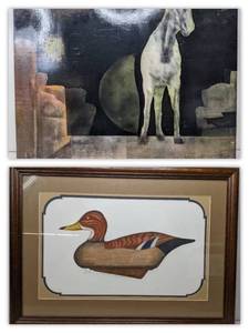 1950 Arthur Nevin Mallard Hen Decoy Upper Chesapeake Print 93150 & 90s Mixed Media Horse with No Name