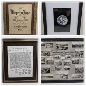 Beautifully Framed Declaration of The United States - Early Scenes of Minneapolis - Gold framed Alice Hawthorne Whispering Hope - BW Earth