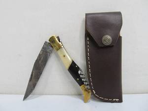 lot 91 image: Nice Custom Inlaid Brass Bone Handle Damascus Steel Blade Folding Knife