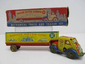 lot 132 image: Vintage Tin Litho Mechanical Toy RANGER MOTOR EXPRESS Truck & Trailer Set 