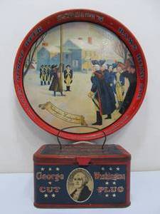 lot 215 image: Vintage George Washington Cut Plug Tobacco Tin & Valley Forge Beer Tray