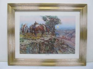 lot 282 image: Vintage C M RUSSELL Art Print Innocent Allies Stagecoach Hold Up