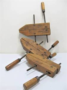 lot 311 image: 3 Large Vintage Jorgensen Wooden Woodworking Clamps