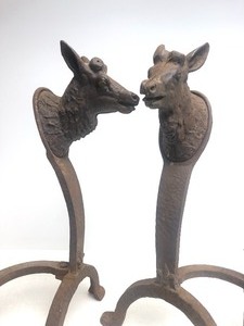lot 4 image: Antique Cast Iron Sculpture Stag Deer Head Andiron Set