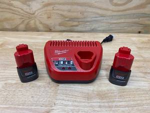 lot 111 image: MILWAUKEE M12 12-Volt Lithium-Ion Battery Charger with 2- M12 12-Volt Lithium-Ion Compact Battery Packs (1.5Ah)