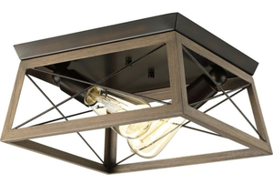 lot 109 image: PROGRESS LIGHTING Briarwood Collection 12 in. 2-Light Antique Bronze Farmhouse Flush Mount Ceiling Light with Painted Wood Oak Frame