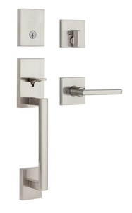 lot 114 image: KWIKSET San Clemente Low Profile Satin Nickel Single Cylinder Entry Door Handleset w Halifax Door Handle feat SmartKey Security