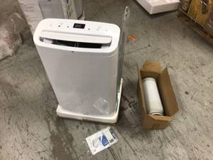 lot 110 image: 14,000 BTU (9,500 BTU, DOE) Portable Air Conditioner for 500 sq. ft. with Easy Setup Window Venting Kit & Remote - White by NewAir Customer Returns See Pictures