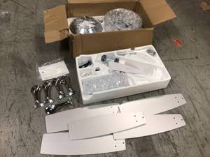 lot 113 image: Mateo 42 in. Indoor Chrome Downrod Mount Retractable Chandelier Ceiling Fan with Light and Remote Control by Parrot Uncle Customer Returns See Pictures