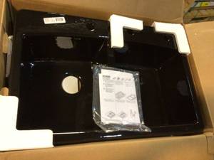 lot 22 image: KOHLER Brookfield Drop-In Cast Iron 33 in. 4-Hole Double Bowl Kitchen Sink in Black &nbspCustomer Returns See Pictures