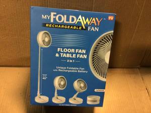lot 30 image: 2-in-1 Adjustable Height 40 in. Unique Foldable and Portable My Foldaway Rechargeable Floor and Table Fan &nbspCustomer Returns See Pictures