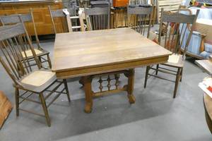 Nice vintage table and 6 chairs.  Table has two 9 inch leaves to put in, and has extra leg support.  Chairs are overall in good condition, only one shows any damage on the wicker seat.